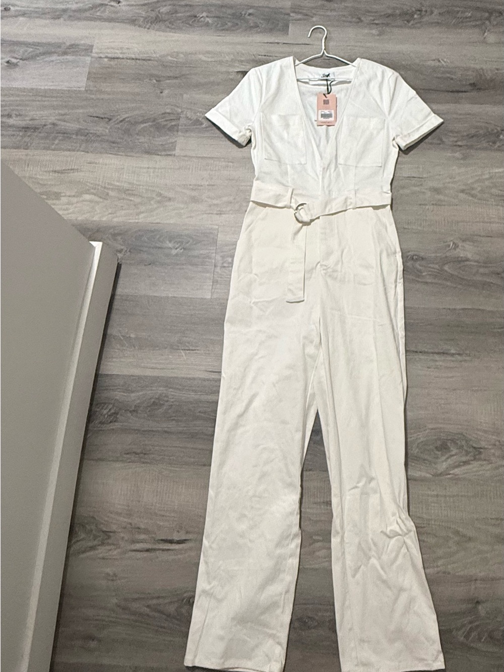 Casual Cream Short-Sleeve Belted Jumpsuit